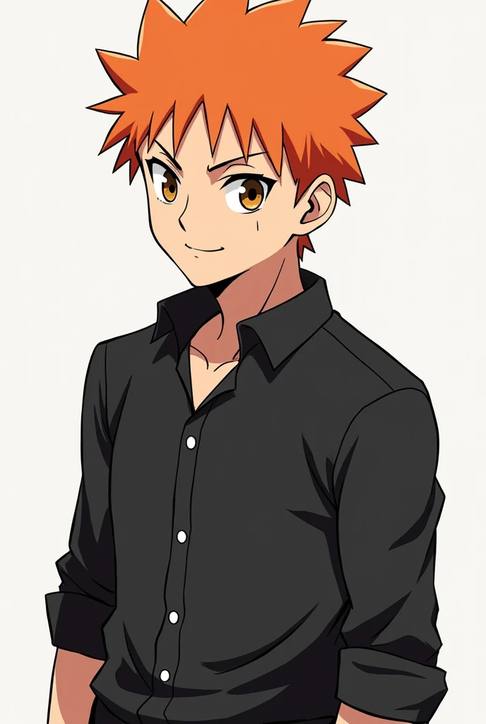 Create male character with short hair, short orange, black shirt, Naruto style, Caucasian skin, eyes browns , 正面, anime style image