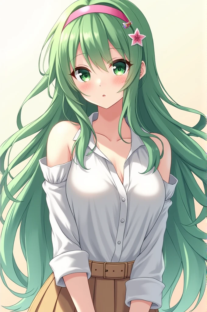 Create an anime character of an 18 year old girl with long hair, light green bangs and green pupils, a firm eye shape and a cheerful and naughty personality, she wears slightly sexy clothes and wearing headband on her hair

Prompt: (Masterpiece:1.2), best quality, (illustration:1.2), (ultra-detailed), hyper details, (delicate detailed), (intricate details), (best quality Backlights), Perfect eyes, perfect fingers, perfect face, (more details: 1.3), clear line, 1girl, Expressiveh, one pretty girl, solo, pale skin, long hair, bangs, makeup, huge saggy breasts, cleavage, white shirt, pleated skirt, with delicate pink 