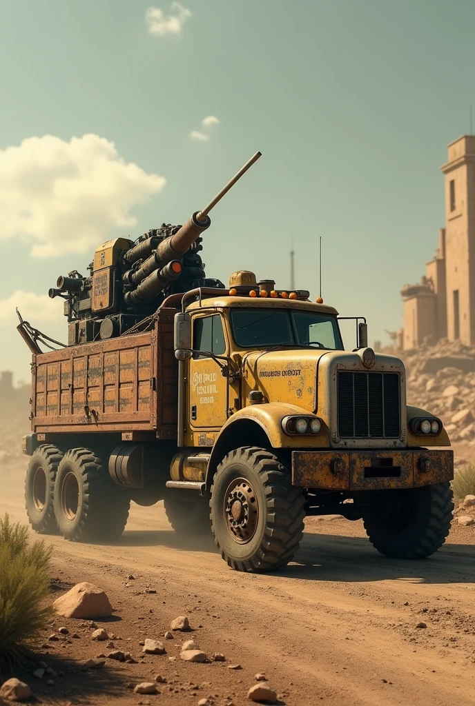 A truck from from.the fallout universe that has an extended cab and a junk jet turret in the back