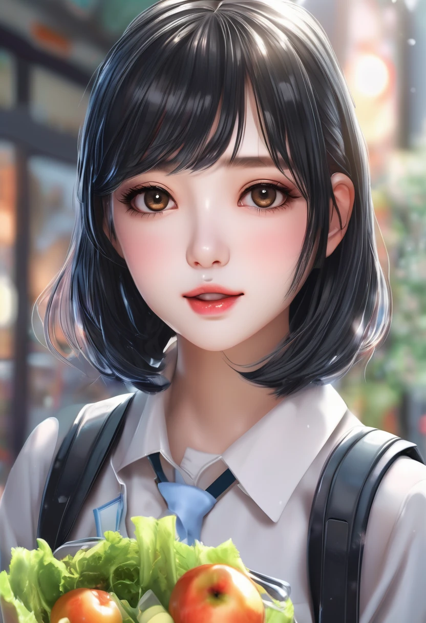 a cute anime girl with delicate skin in makeup and shiny short black hair, carrying a lunchbox to school for notebook and coffee, (best quality,4k,8k,highres,masterpiece:1.2),ultra-detailed,(realistic,photorealistic,photo-realistic:1.37),1girl,extremely detailed face and eyes,beautiful detailed eyes,beautiful detailed lips,longeyelashes,school uniform,holding lunchbox,lettuce salad,juice box,soft lighting,pastel colors,cute,kawaii,school setting,indoors