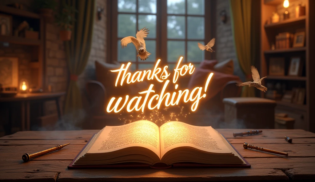 "Design an engaging and magical scene that captures the spirit of the Harry Potter universe. The image features an open spellbook on a wooden table, with a wand casting a glowing spell above it. The words ‘Thanks for Watching!’ appear in sparkling letters above the book, as magical creatures (like owls and flying keys) fly around. Below, on parchment scrolls, the words ‘Like,’ ‘Share,’ and ‘Subscribe’ are written in elegant, enchanted script, each word animated with a soft glow. The overall feel should be warm, inviting, and filled with a sense of wonder, encouraging viewers to take action