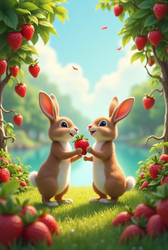Two rabbits are dancing and eating strawberries in the grass the tress of strawberries looking marvelous and the lake side