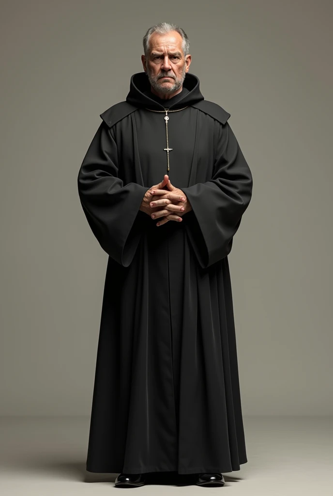 Make the image of Saint Rita Durão, de corpo inteiro, he was a stern looking man, wearing the typical habit of the Augustinians, which includes a long, simple tunic, usually dark in color.