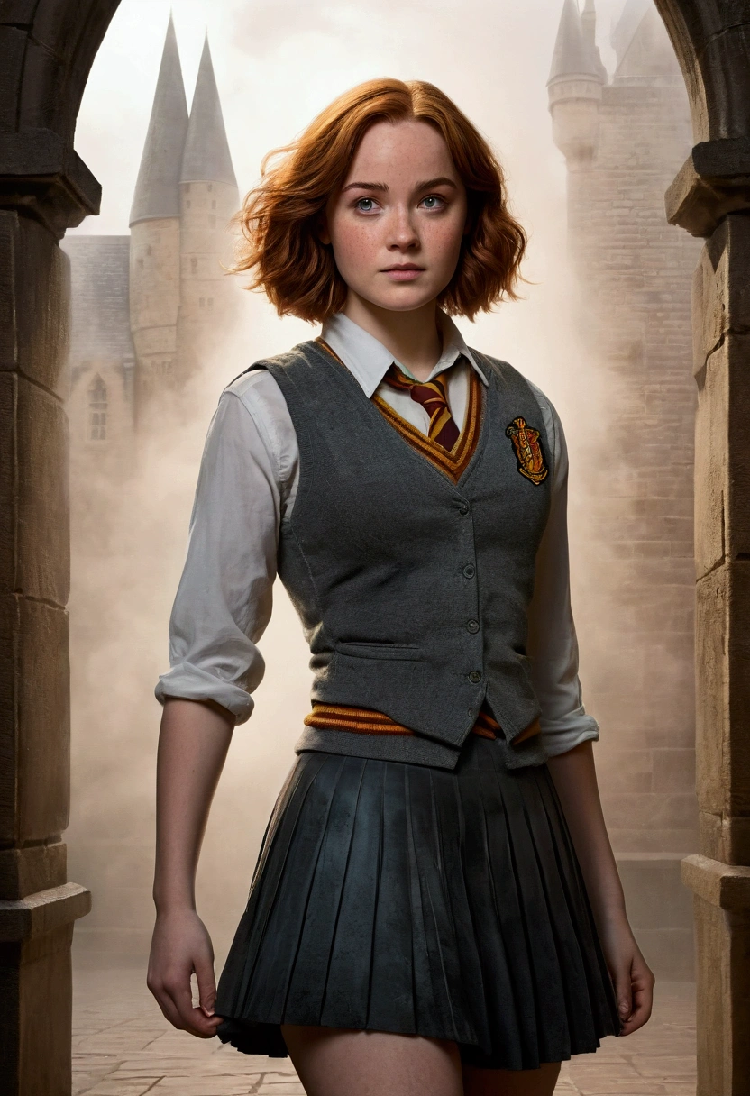An illustrated movie poster, hand-drawn, full color, a female Hogwarts student, 1, wearing a charcoal vest and a pleated skirt, toned, amazonian stature, athletic hourglass figure, full wide hips, massive round butt, long shapely legs, ridiculously thick powerful thighs, bright hazel eyes, deep dark auburn hair, short curly bob cut, flushed sun-kissed complexion, freckles, resembles Genevieve O'Reilly, standing in a foggy Hogwarts courtyard, surrounded by mist, graphite shading, stencil marks, airbrushed acrylic paint, masterpiece, in the Deathly Hallows 