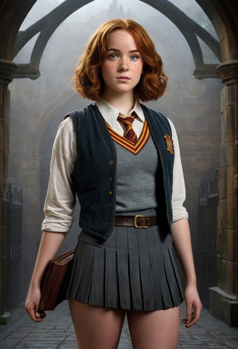 An illustrated movie poster, hand-drawn, full color, a female Hogwarts student, 1, wearing a charcoal vest and a pleated skirt, toned, amazonian stature, athletic hourglass figure, full wide hips, massive round butt, long shapely legs, ridiculously thick powerful thighs, bright hazel eyes, deep dark auburn hair, short curly bob cut, flushed sun-kissed complexion, freckles, resembles Genevieve O'Reilly, standing in a foggy Hogwarts courtyard, surrounded by mist, graphite shading, stencil marks, airbrushed acrylic paint, masterpiece, in the Deathly Hallows