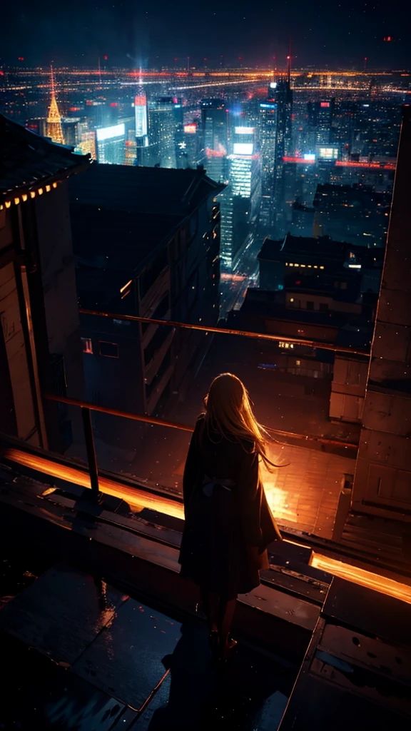 １people々々々々々,Blonde long-haired woman，Long coat， Dress Silhouette， Rear View， Anime Style, City night view from the rooftop，Countless missiles covering the sky，