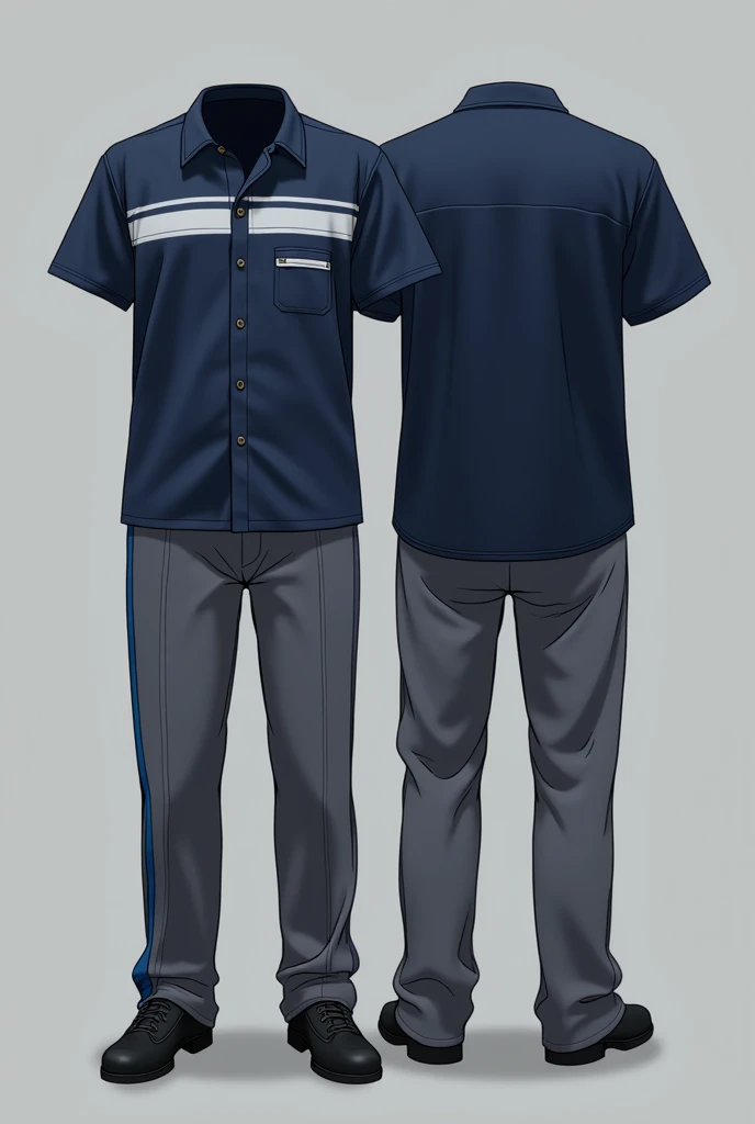 The uniform of electronic parts assembly department (smt) employees, gray pants with blu line an the side with blu navy T-shirt with a gray line on the chest and a pocket on the chest.