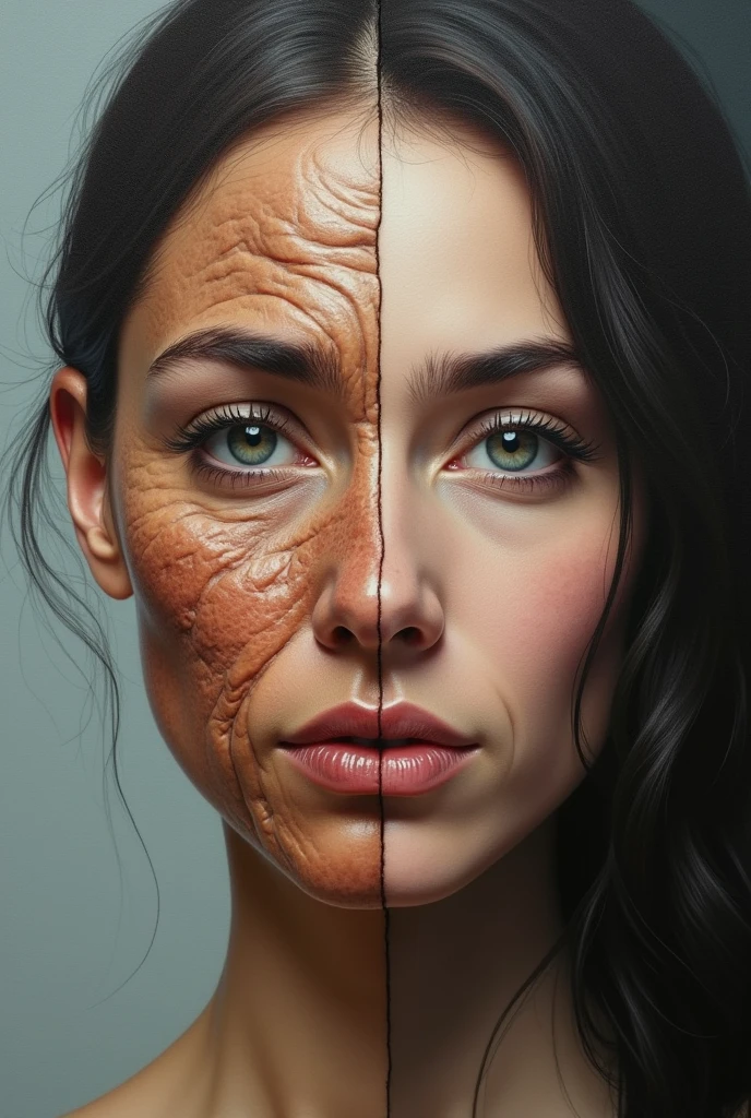 half of a woman&#39;s face with wrinkles on her forehead, glabra, crows feet... that appears a little older and the other half without the wrinkles already mentioned, with a cleaner face
