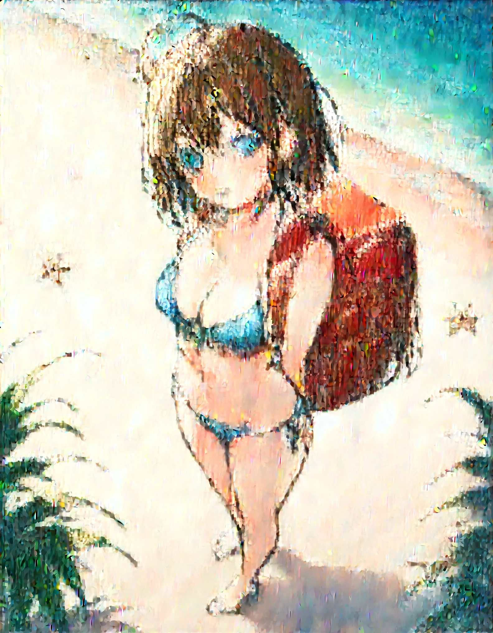 Masterpiece, hd, 1girl, brown hair, medium hair, ahoge, blue eyes, smile, wearing bikini, wearing colorful bikini, medium , standing, fullbody, barefoot, beach, summer, wearing red backpack, wearing school backpack, square backpack