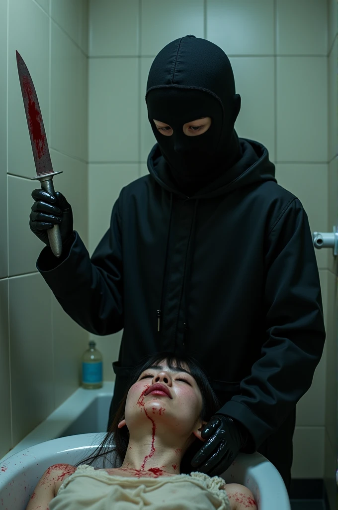korean girl, (behind stiff, holding knife), stabbing, black balaclava mask, black leather gloves, bath room, black raincoat, girl only, holding knife, leather gloves, woman on top, behind cadaver, looking at viewer, blood splatter, night, mass murderer, killer, blood splatter, tripod and camera in the back, shooting with camera