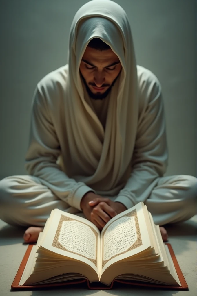 A calming image of the Quran open with a person contemplating, symbolizing reliance on Allah through His words.