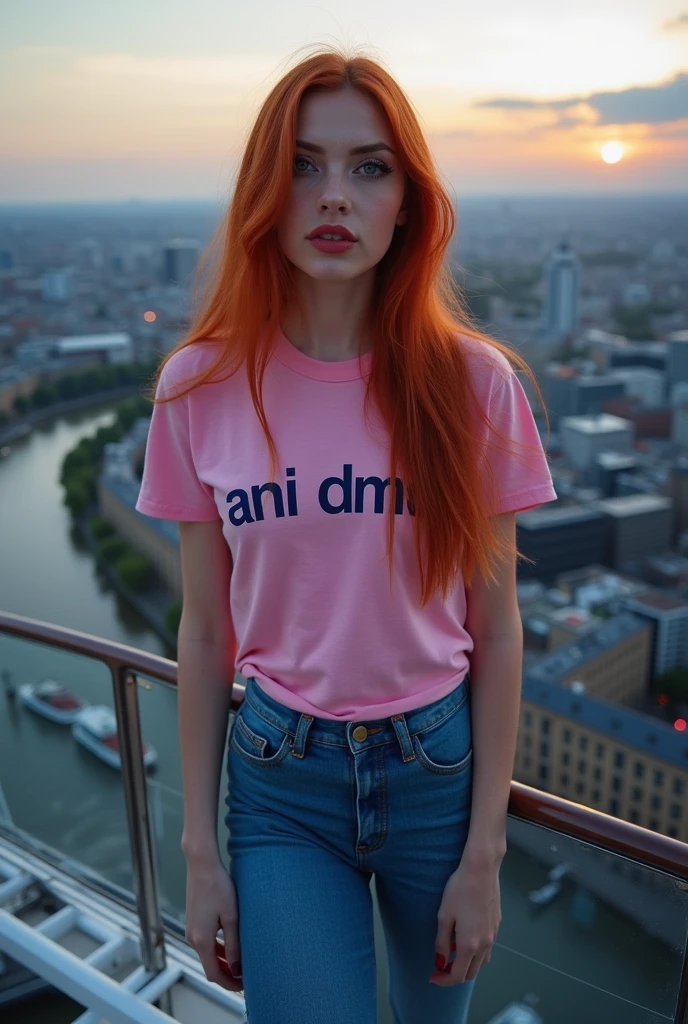 A 17 year ol woman Rusia hair long red sits at the London Eye. She was wearing a pink t-shirt that said "ANI DMEZ", tight jeans, high heels. The woman poses confidently, observing from above the entire city of London and the river Thames. Her make-up is heavy, with emphasis on her eyes and lips, the photo.the background is evening muka menghadap kamera