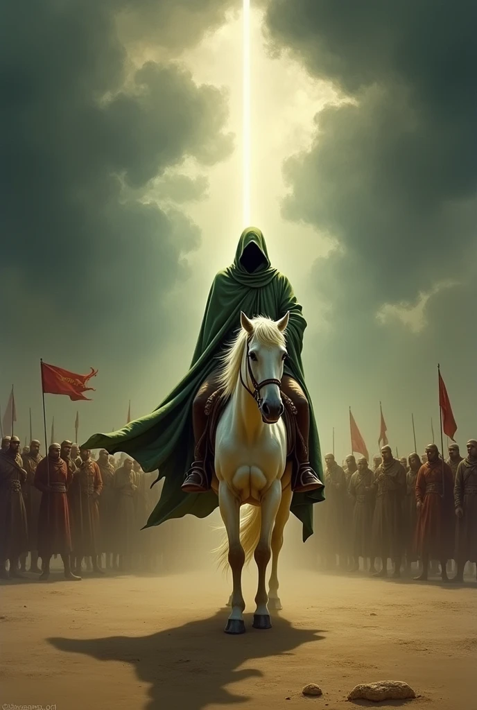 Dramatic and evocative painting depicting a lone figure on horseback under a beam of light breaking through dark, stormy clouds. The central figure, dressed in flowing green and brown robes, has their face obscured by a hood. The horse is white with a muscular build, standing still on a barren, dusty ground. Surrounding the central figure in the background are numerous other figures, some holding flags, creating a sense of a gathering or a battlefield. The overall color palette is dominated by earthy tones and the light from above adds a divine or significant aura to the scene.

