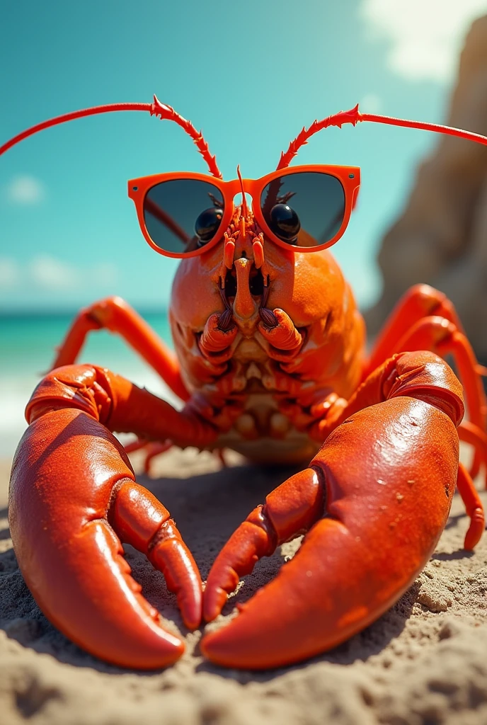 Un homard bronzé avec des lunettes de soleil.
En style cartoon/meme.