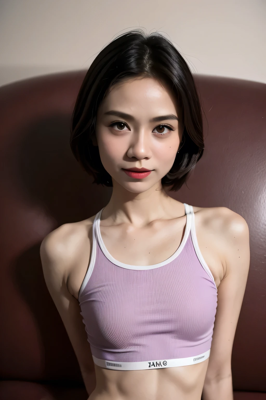 ((LIE DOWN)), (Wearing Swimsuit), (((SHORTHAIRCUT STYLE HAIR ))), masutepiece, High quality, UHD 32K, Realistic face, Realistic skin feeling , A Malay Lady, , , Very cute and baby-like face, (((FLAT CHEST:1.3))), (MATRIX WORLD), ((look In front at the camera and SADNESS)), ((())), (((CUTE GIRL))), ((BLACK LIPS)), ((WHITE PURPLE)), (undress). ((naked:1)), ((baby face)) (sports bra)