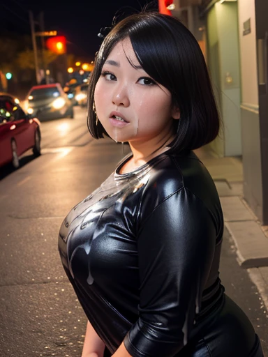 fat obese asian woman, detailed face, big bust, (Casual clothing:1.1), dark black clothes, upper body, Closed lips, short straight hair, alone, looking at viewer, (cum on clothes:1.2), realistic, indifferent expression, In front of you, On top of the selfie, Street at night, full body pose