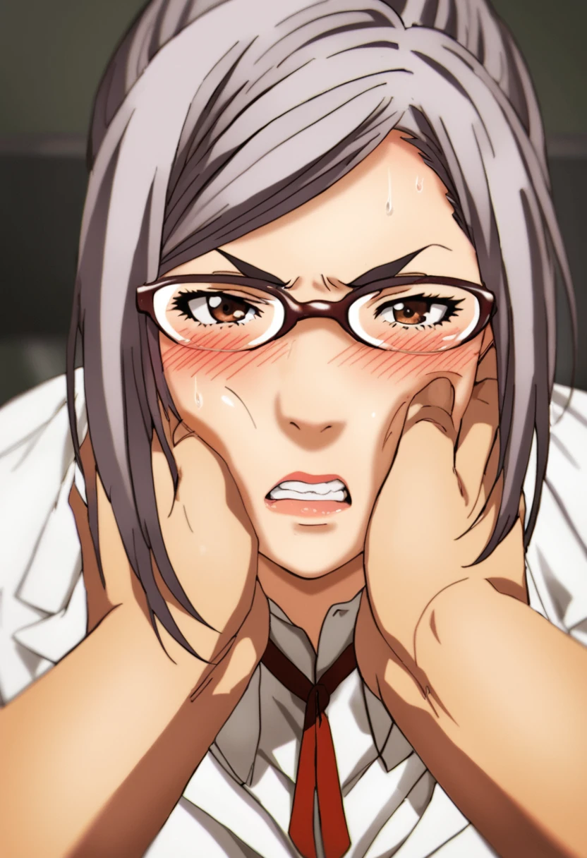 (masterpiece, best quality, ultra-detailed, high resolution, detailed eyes), takeda hiromitsu style, (1mature female), voluptuous body, huge breasts, teacher, makeup, slant eyes, (shocked), black hair up, glasses, navy business suit, pencil skirt, sittng, looking up, pov, thick penis ,(deepthroat:1.5), (boy is grabbing woman's head with both hands), blushing, (tears), trembling