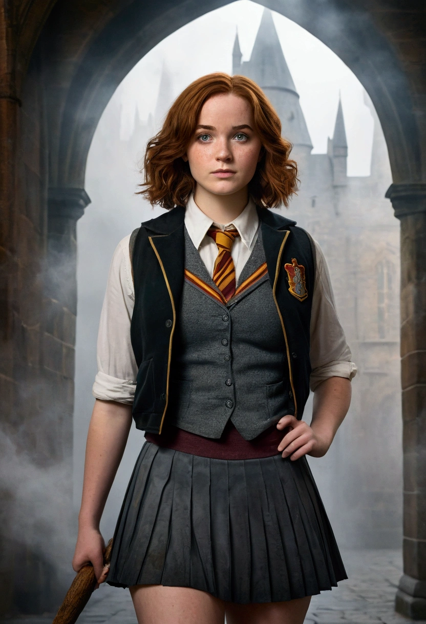 An illustrated movie poster, hand-drawn, full color, a female Hogwarts student, 1, wearing a charcoal vest and a pleated skirt, toned, amazonian stature, athletic hourglass figure, full wide hips, massive round butt, long shapely legs, ridiculously thick powerful thighs, vibrant hazel eyes, deep dark auburn hair, short curly bob cut, flushed sun-kissed complexion, freckles, resembles Genevieve O'Reilly, standing in a foggy Hogwarts courtyard, surrounded by mist, graphite shading, stencil marks, airbrushed acrylic paint, masterpiece, in the Deathly Hallows