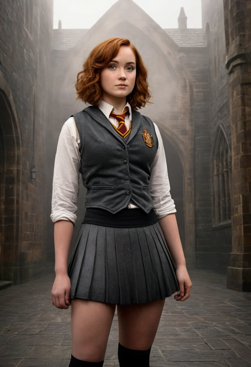 An illustrated movie poster, hand-drawn, full color, a female Hogwarts student, 1, wearing a charcoal vest and a pleated skirt, toned, amazonian stature, athletic hourglass figure, full wide hips, massive round butt, long shapely legs, ridiculously thick powerful thighs, vibrant hazel eyes, deep dark auburn hair, short curly bob cut, flushed sun-kissed complexion, freckles, resembles Genevieve O'Reilly, standing in a foggy Hogwarts courtyard, surrounded by mist, graphite shading, stencil marks, airbrushed acrylic paint, masterpiece, in the Deathly Hallows 
