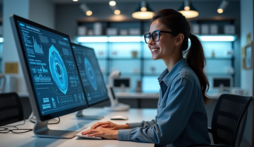 Aquí tienes un prompt para crear la imagen:

```
Create a realistic image of a young woman with glasses, sitting in front of a computer in an optics shop. She is smiling, looking content and happy. The computer screen shows a sophisticated control system with various charts, data, and diagrams related to optics. The setting is modern, with a clean, well-lit environment, and the equipment and furniture are professional and high-tech. The overall atmosphere should be bright and positive, reflecting a successful and efficient workspace.