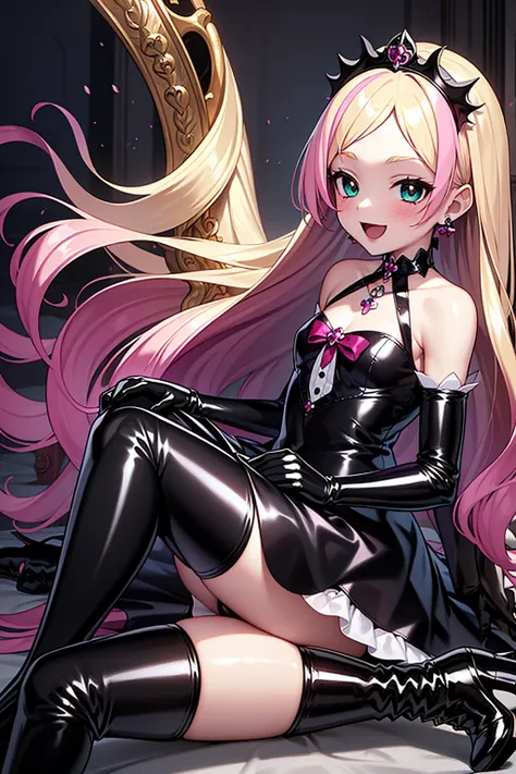 cure flora, 1girl, solo, blonde hair, pink highlights, long hair, black hair ornament, (gothic lolita:1.3), black long skirt, bl...