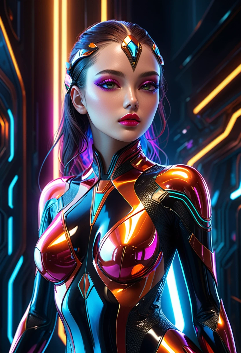 a woman in a futuristic bodysuit, incredibly detailed facial features, beautiful detailed eyes, beautiful detailed lips, extremely detailed face and skin, long eyelashes, dynamic pose, dramatic lighting, glossy reflective bodysuit, intricate designs and patterns, cinematic composition, vibrant neon colors, dark and moody atmosphere, digital art, concept art, highly detailed, 8k, realistic, photorealistic, masterpiece