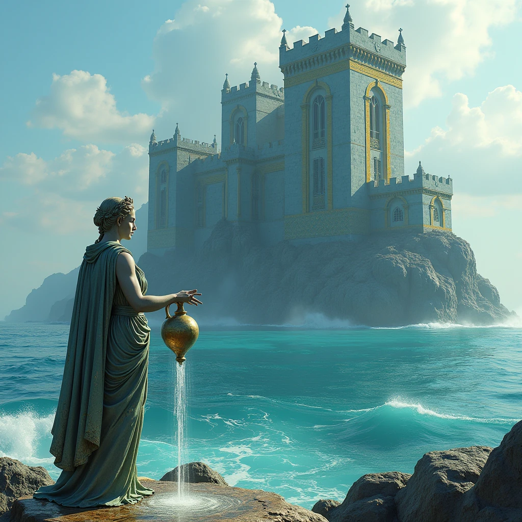 Make me an ultra realistic image. Make a castle from ancient Valyra built of bluestone with gold details emerging from the sea. There is a statue of an ancient Greek woman facing the castle. the statue is holding a jug and water is falling from the jug.