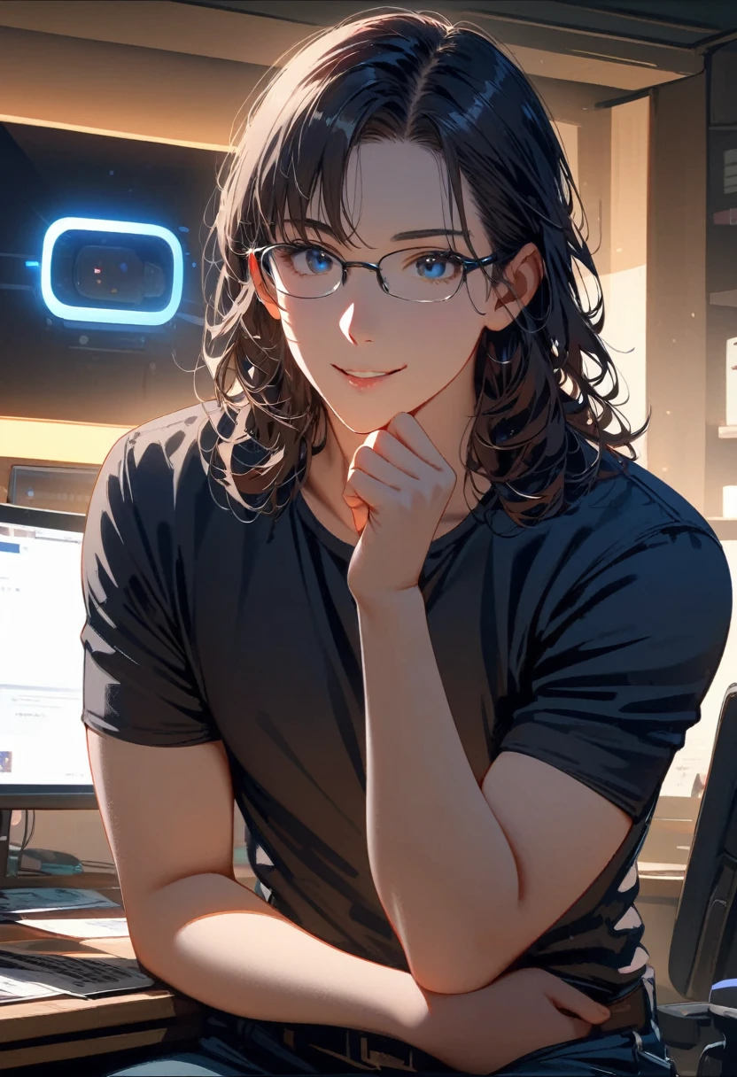 (best quality,4K,8K,high resolution,masterpiece:1.2),Very detailed,(Practical,photoPractical,photo-Practical:1.37),1 person,Mature man,Beautiful Skin、contour、very handsome,wear glasses，Black curly hair,Smile,,blue eyes,Sharp eyes,Undoubtedly perfect face,Office Background,Cinema Lighting,hdr image,Black T-shirt