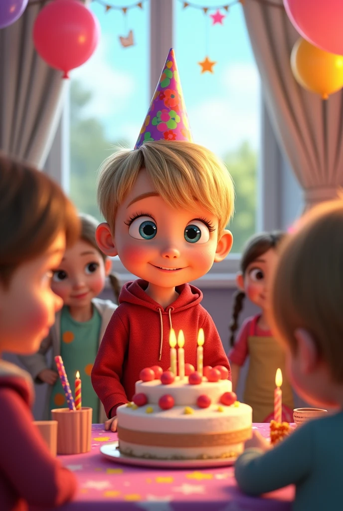 Masha et Michka fêtent l’anniversaire de Matthew, blond avec les cheveux longs et une frange, avec des enfants de 4 ans