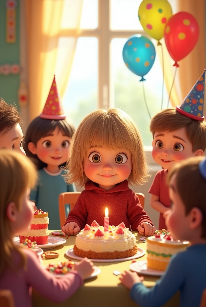 Masha et Michka fêtent l’anniversaire de Matthew,  blond avec les cheveux longs et une frange, avec des enfants de 4 ans