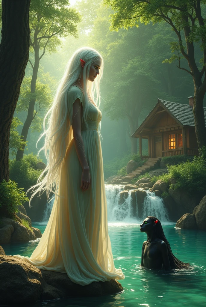 create an image of a high-elf with white hair and green eyes, Behind her a river, trees, waterfall and on the right side a cabin. that has all the i,Make a good lighting combination so that it looks as real as possible and in the background there is a dark elf, resting in the water