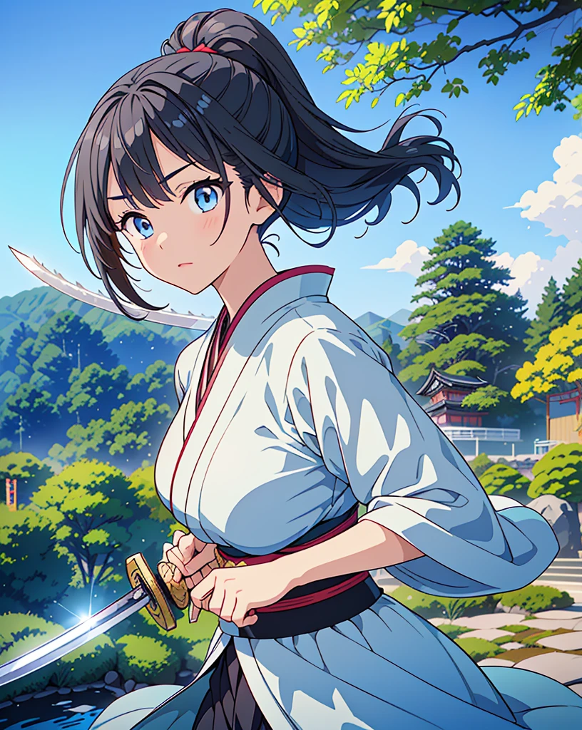 Highest quality, 32K, High resolution, masterpiece:1.5, One beautiful Japan girl,Illustration with anime touch, Rich emotional expression, An exceptionally beautiful face, Perfect Human Anatomy, Big light blue eyes, Motherhood and generosity, Deep Love, Wake up, Expressing emotions, Have a rich imagination, Cute Japan, Perfect Human Anatomy, Magical big eyes, decision, Powerful expression, Shiny black hair, Ponytail swaying in the wind, Asymmetrical bangs, Hair between the eyes, Transparent, soft white skin, Sharp eyebrows, Thin lashes, Detailed and cute lips, ((Detailed beautiful Japanese garden:1.2)), ((A swordsman wielding a Japanese sword:1.4)), ((Blue sky:1.1)), Slim figure, Beautifully detailed skies, mysterious