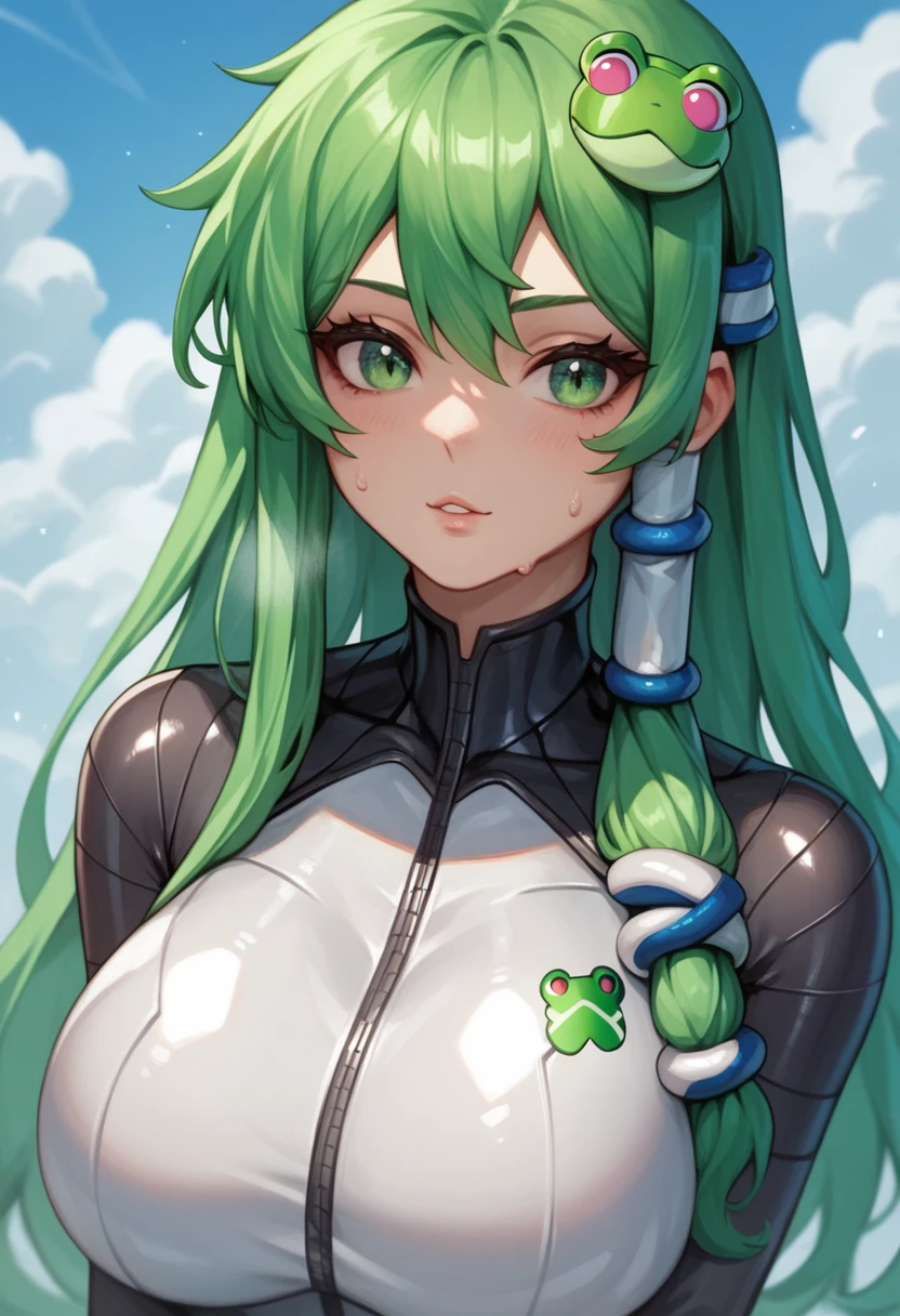 (masterpiece, Highest quality, Ultra-high resolution), 1girl, Kochiya Sanae,  green hair, long hair, green eyes, frog hair ornament, hair tubes, snake hair ornament,  huge breasts, (cyber bodysuit), hero bodysuit, The clothes fit perfectly, latex has a strong metallic sheen, Glossiness, shiny, whole body slimy, Sweat, Stuffy, steamy, Glossiness, cute face, anime face,
