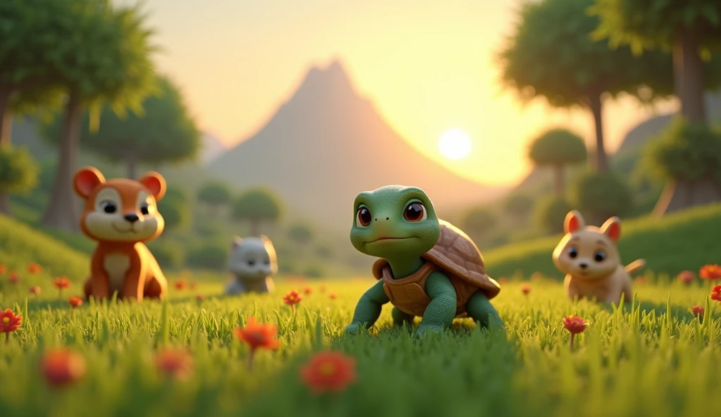 Description: "a little turtle, teo, is in a green clearing, looking at a towering mountain in the distance. He has a determined look, while your animal friends are in the background, books, carefree. The soft light of sunrise illuminates the scene, giving a tone of hope. The surrounding landscape is peaceful, with trees and flowers. The style is 3D, with rich, smooth details, like in Disney Pixar animations, com teo tendo olhos grandes e expressivos."