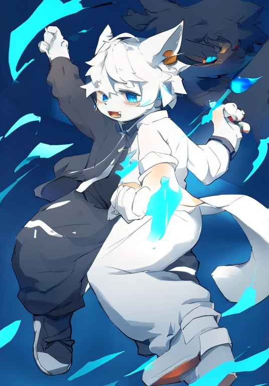 White male cat,Handsome Fengjun,White hair,blue eyes,White trousers,Black shirt,Cast red magic and blue magic,Serious expression