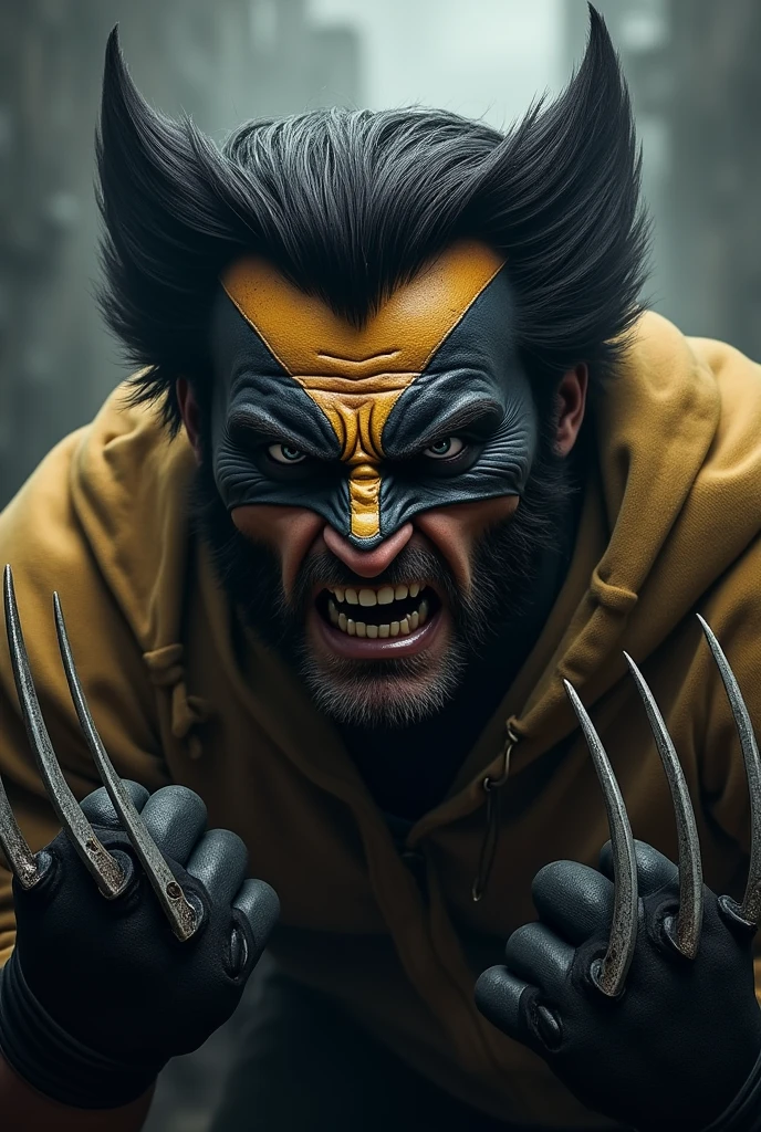 Extreme close-up face 
Actor asian Akira kaneda's wolverine creepy monstrous scary as wolverine Year 2099s from X-Men's filmed by ZackSnyder, wolverine dress traje semi rasgado , fighting against thugs X-men Full body , traje rasgado semi Pearl yellow black neon-infused psicodélic fragments splash Snowflakes X-shaped stripes raytracing  fashion Week , variant angles, captured with award-winning photography technique, cinematic, dark environment, bokeh, grainy, urban-xmen setting, blurry, IMAx, filmed with Kodak portrait 400, 200mm, f2.8, high resolution, teal filter.Adicione efeitos com chuva, e. Novas cores e trajes diferente em cenas imagens feita,  