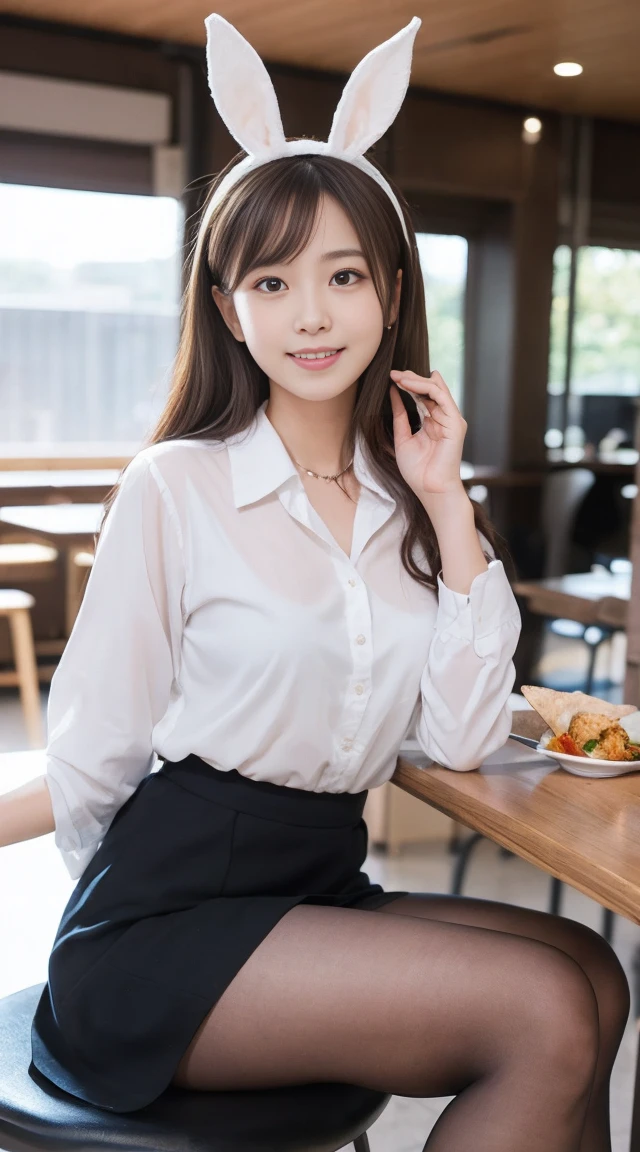 (Happy expression:1.26)、RAW Photos、(((The ultimate beauty full-body photo)))、((Glowing Skin))、1 person、Beautiful 28 year old woman from Prague、Bright expression、((Brown Hair))、Shirt on、skirt、(pantyhose)、(Upskirt)、Contrapuntal Shot、((Very detailedな))、(Perfectly detailed face)、(Beautiful Hands)、Photorealistic images、最high quality、Very detailedな、Film Light、Intricate details、High resolution、Very detailed))、Detailed Background、8 times、Digital single-lens reflex camera、Soft Light、high quality、Film Grain、Fujifilm XT3 、Shallow depth of field、natural Soft Light、Kamimei、The background is the office　lunch　オフィスでlunch　lunch　大勢でlunch　Bunny girl　Bunny ears headband　Bunny ears