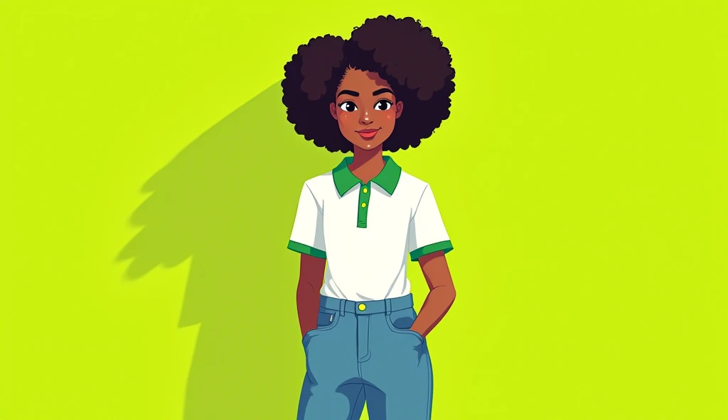 create a 2D flat design illustration of a 15 year old mulatto woman wearing a white polo shirt with green collar and sleeve tips, and jeans on a lime green background