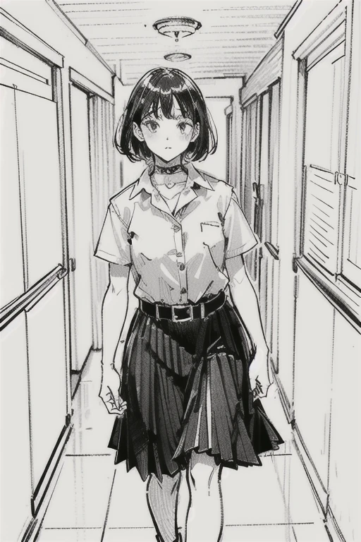One Girl,Line art,Monochrome,sketch,Pencil drawing,Traditional Media,One Girl, skirt,Cute age Girls, ,Beautiful portrait、Delicate body、Black Hair、Black Hair,landscape,Black and White ,walk , HD wearing MAHALAIUNIFORM,(((WHITE SHIRT SHORT SLEEVES))),((BLACK polished LONG SKIRT)),((BLACK PLEATED SKIRT)),((in the hallway apartment)),(choker),((white shirt short sleeves )),((black long skirt)),(belt)