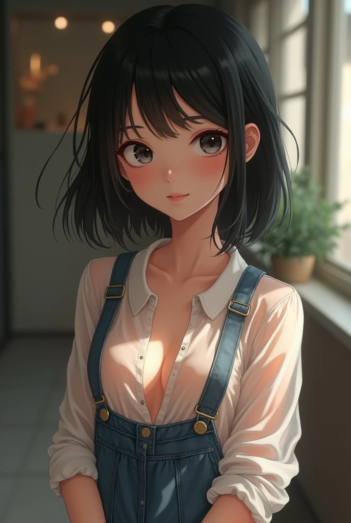 A cute girl, Looks about 16years old , skinny, small breasts, Height about 140 cm, Wearing only men's shirts, unbuttoned men's shirt, flat chest, Slender body, Black Hair, eyeball, Surrealism, Cinema Lighting, Bokeh, Very detailed, Anatomically correct, Accurate, Award-winning, 16K, The clothes are transparent, Anatomically correct body balance, slightly plump figure, soft, artwork, naked overalls, shirtless, naked 、smile