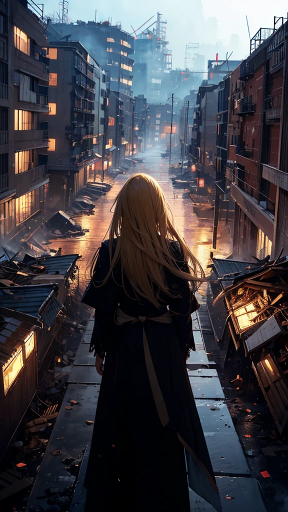 1people々々々々々々々々々々々々,Blonde long-haired woman,Long coat, Dress Silhouette, Rear View, Anime Style,evening, Looking down from the rooftop at the rubble-covered city.,Collapsed building,
