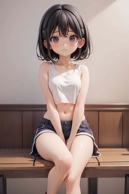 underwear、bra、shorts、Girl、Girl、Mini character、Deformed character、Primary school students、small、Black Hair,、The forehead is visible、Forehead、Sitting with legs crossed