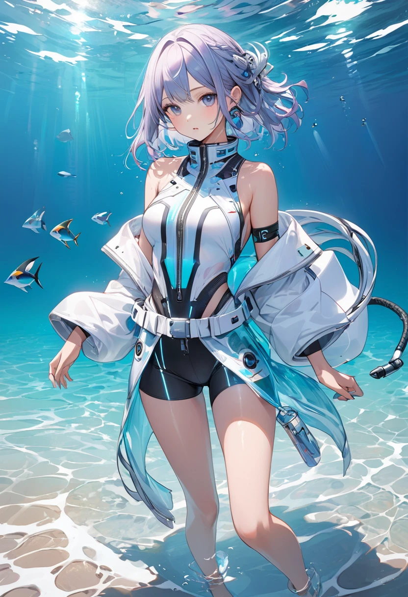 Very detailed、whole body、Wearing futuristic resort wear fashion、swim、In the sea、woman