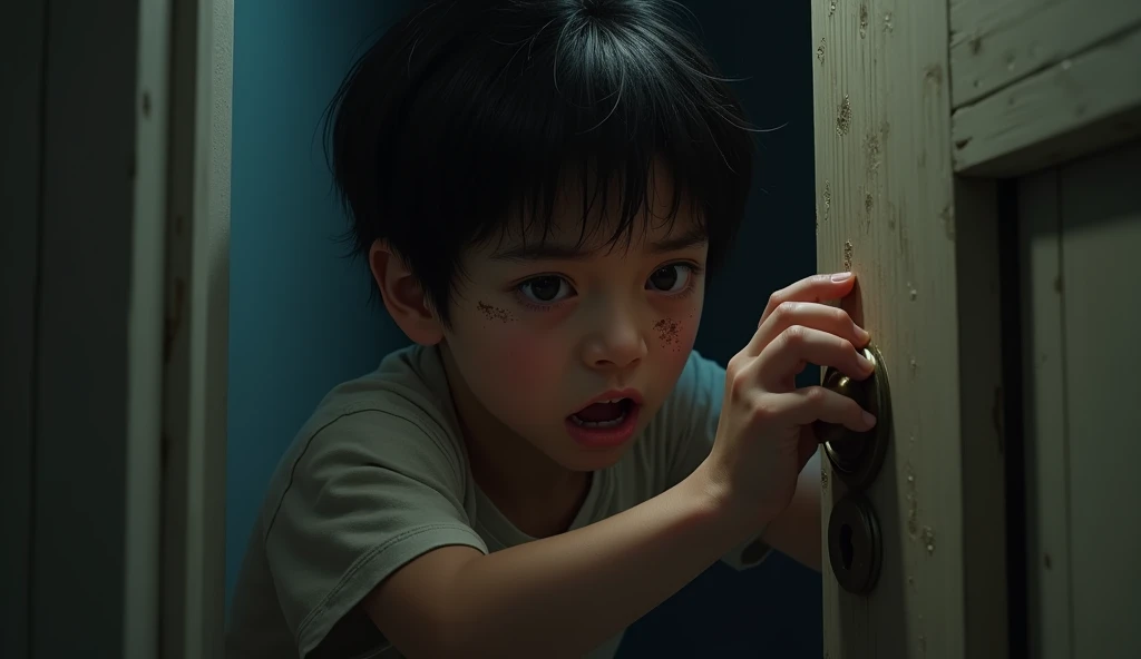 Bacha tries to open the door but the door is locked. There are signs of fear on his face.