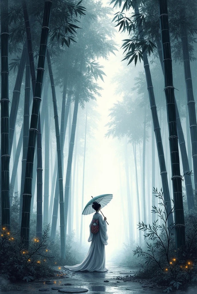 dynamic ink painting of a bamboo grove of japan, black and white,monochrome, great art, great sense of depth, ground level shot, the most beautiful bamboo grove in the world, bamboo leaves shining through rainwater, moon\(pale blue\) with a light overcast, beautiful woman\(ancient Japanese noble, beautiful kimono, beautiful long black hair\) looking up at the moon holding an umbrella,raining softly, fireflies flying around, bamboo leaves are placed three-dimensionally in the foreground, long distance shot