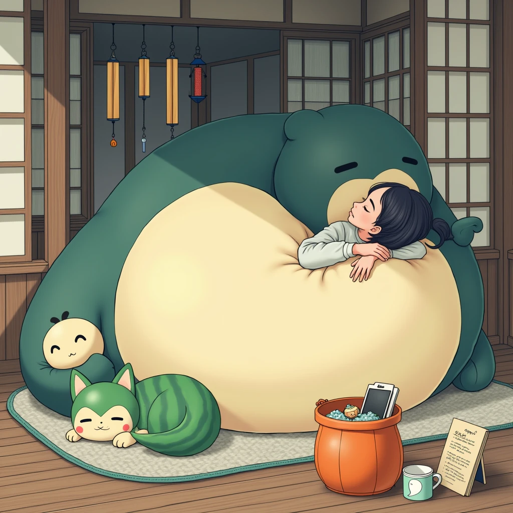 「On the veranda of a Japanese-style house、A woman is sleeping with Snorlax&#39;s big belly as a pillow。In the surrounding area、watermelon、Halloween pumpkin bucket、Note、Note、There is a round table with cups on it.、There is also a smartphone in the shape of a Slowpoke.。In the background、A look inside a traditional Japanese house、Wind chimes hanging。moreover、Nearby, a green cat-like creature is curled up and sleeping.。」