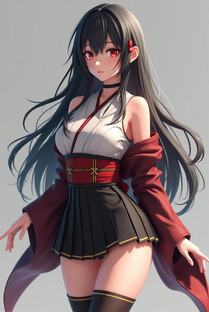 Micotte、ff141 people, chest, Long Hair, Black Hair, Red eyes, Golden Eyes, Odd Eye、Anatomically correct, mini skirt、Knee-high socks、kimono、off-the-shoulderhigh-resolution, Anatomically correct, High-resolution model, High detail, Textured skin,