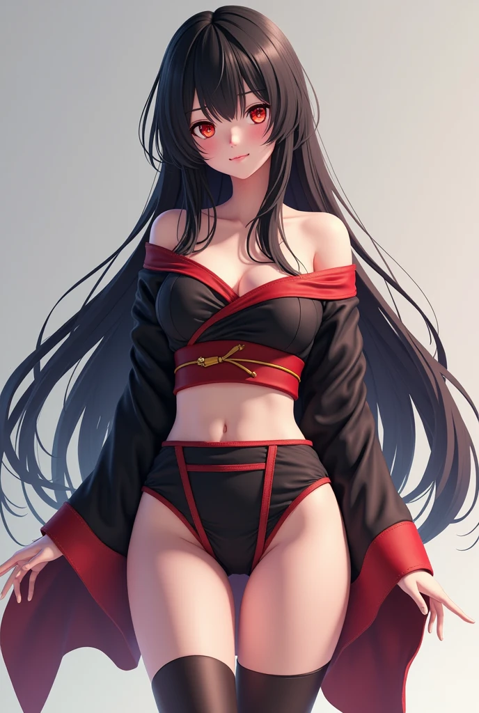 Micotte、ff141 people, chest, Long Hair, Black Hair, Red eyes, Golden Eyes, Odd Eye、Anatomically correct, mini skirt、Knee-high socks、kimono、off-the-shoulderhigh-resolution, Anatomically correct, High-resolution model, High detail, Textured skin,