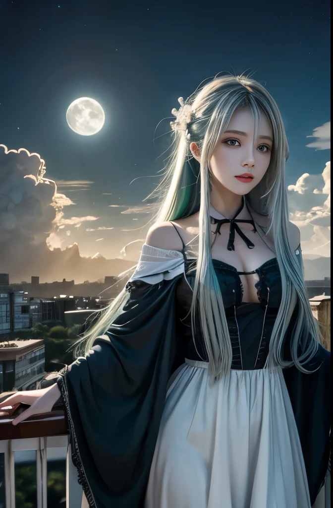 Highest quality, Very detailed, masterpiece, Very detailed, cloud, sexy mana_Have, Have, One person, null, green_null,Day, length_hair, cloudy_null, moon,bird, alone, Silver_hair, witch, Outdoor 