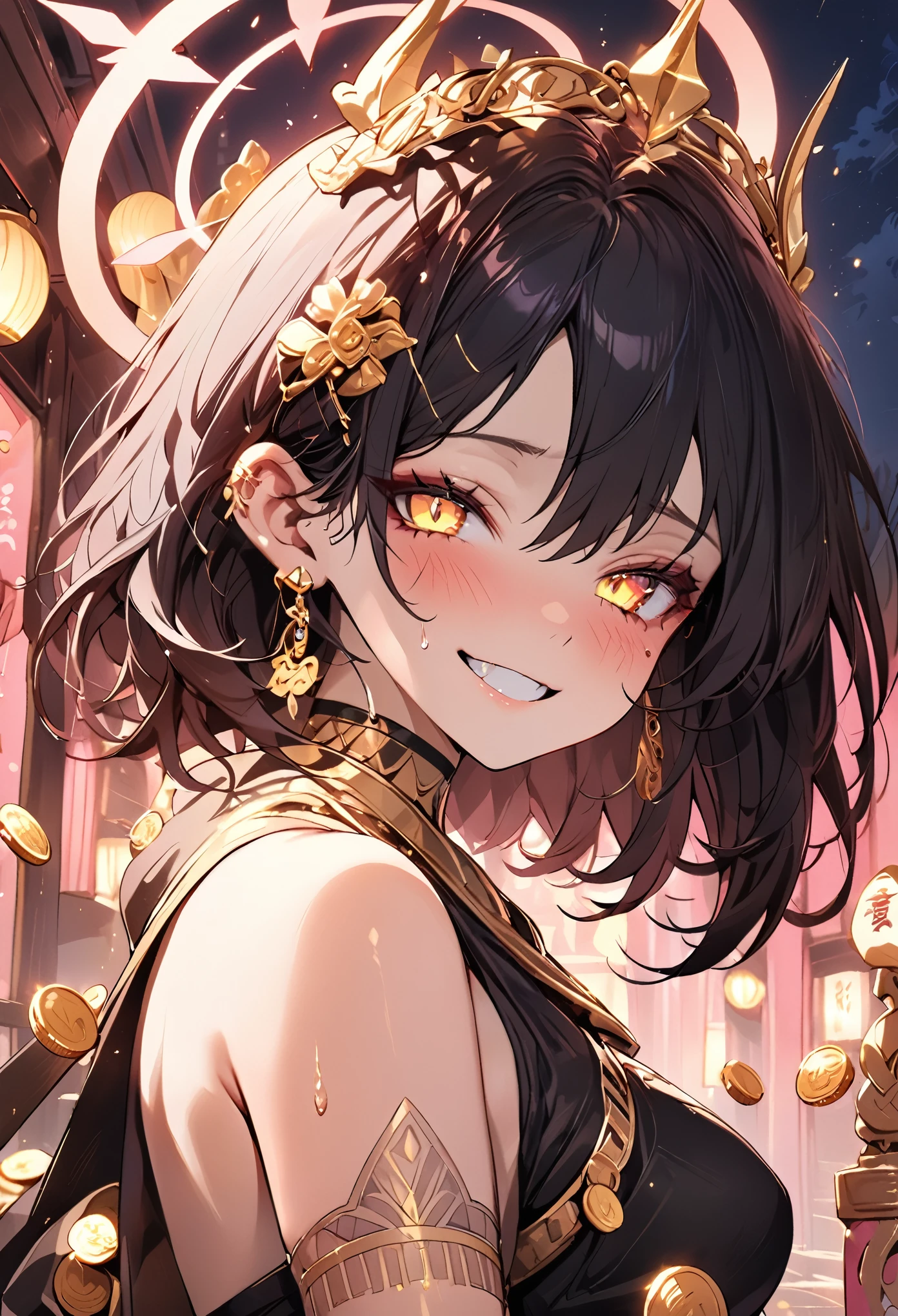 Raised, cute female，high high quality，tmasterpiece，short detailed hair，Pink atmosphere，Deities， goddes， light particules， Halo，Girl with tattoos，high-definition picture quality，largeeyes， nighttime scene，Shy face, golden dollar coins, gold, dripping gold, smile brightly
